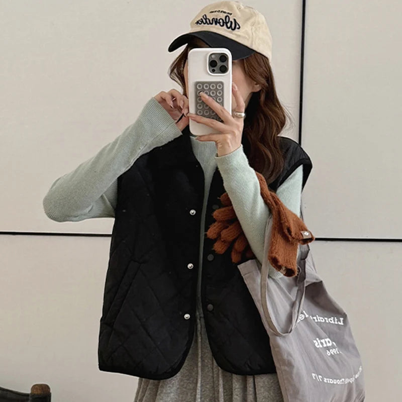 Koreaanse zakken mouwloos warm vest dames herfst winter omslagkraag