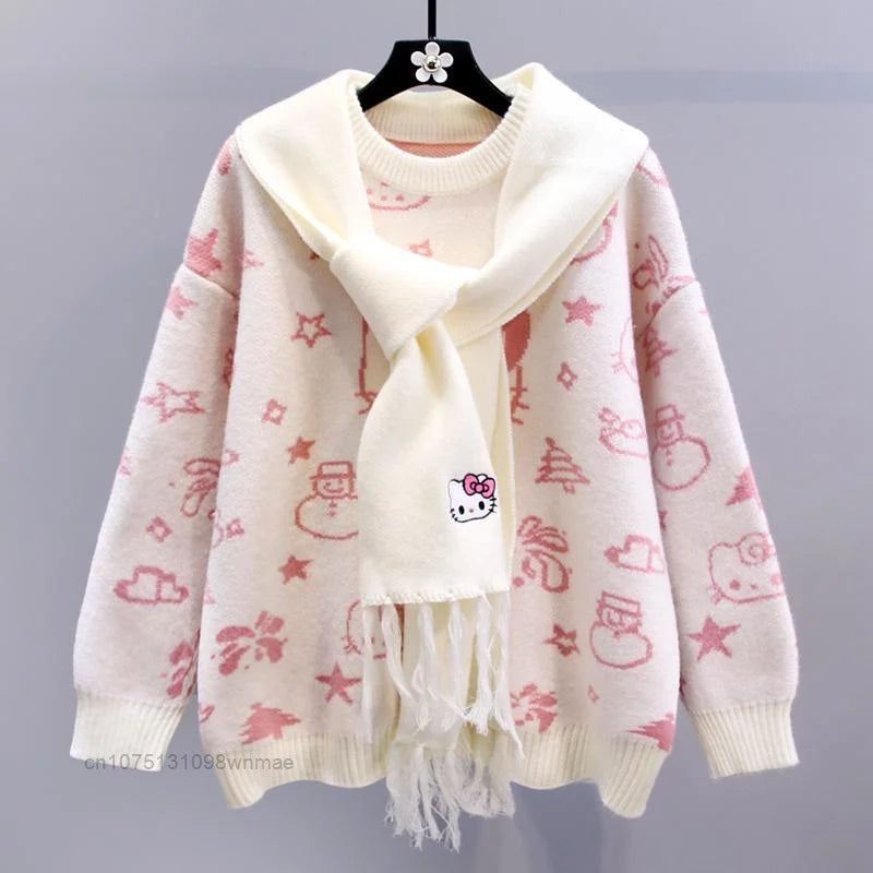 Kerst Hello Kitty schattige gebreide trui met sjaal voor vrouwen Y2k