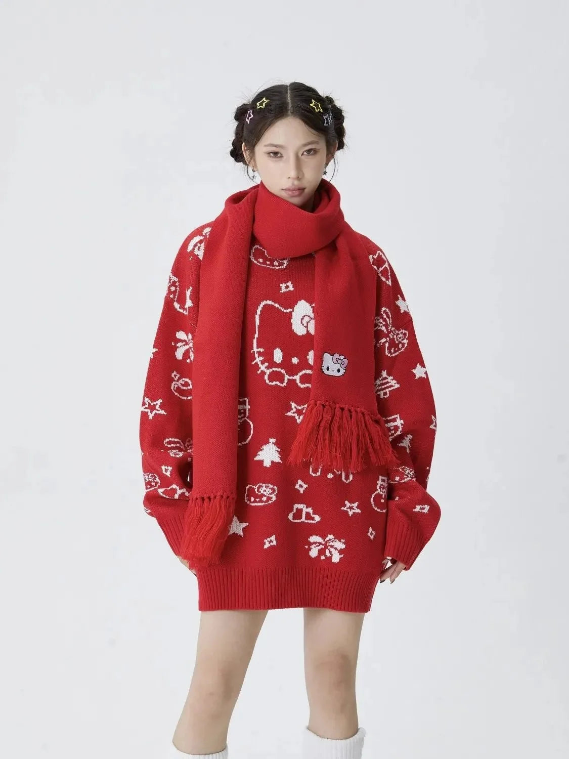 Kerst Hello Kitty schattige gebreide trui met sjaal voor vrouwen Y2k