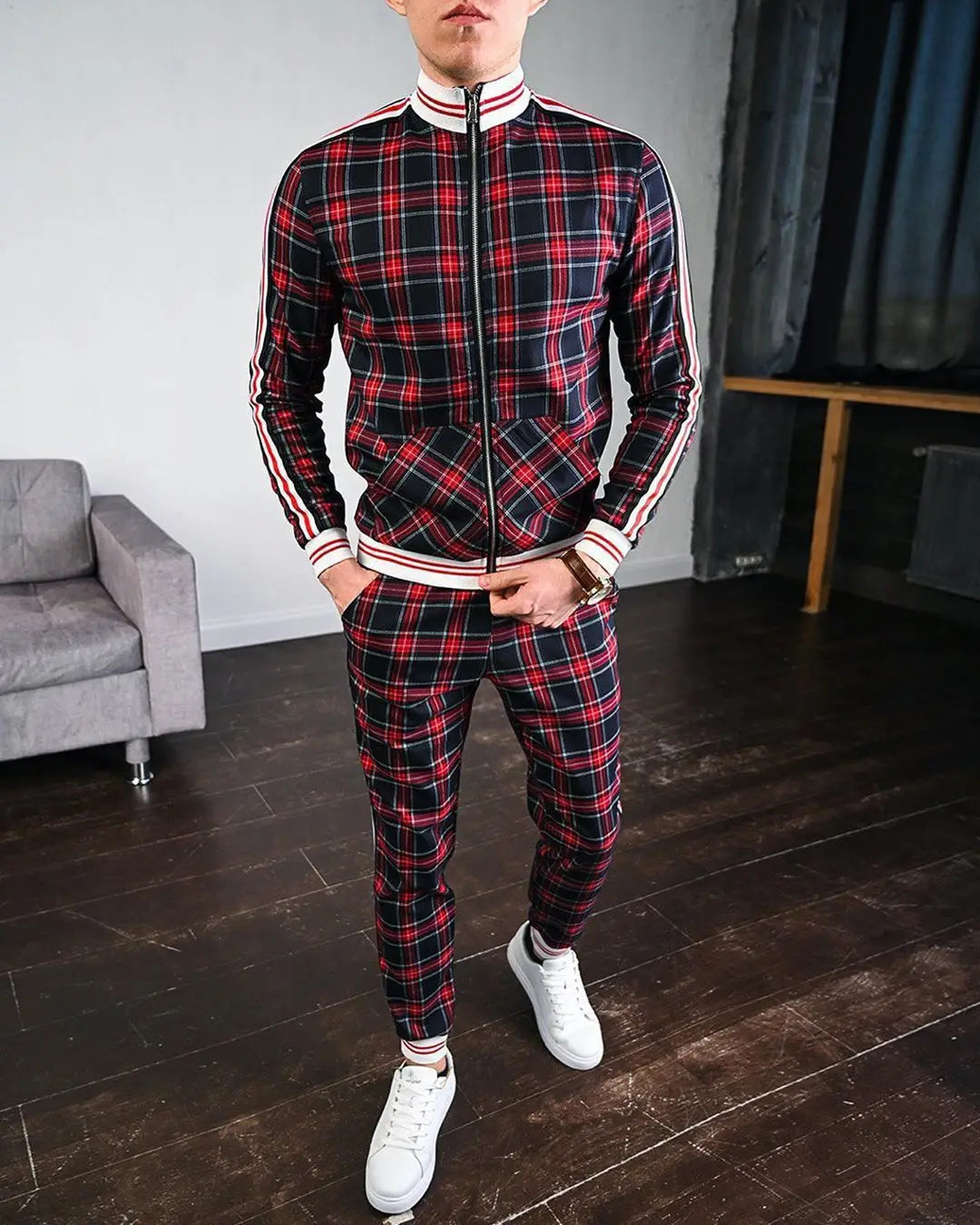 Mens Tracksuits Colorful Plaid Casual Zipper Hoodie Set 3D Print Set Autumn Male
