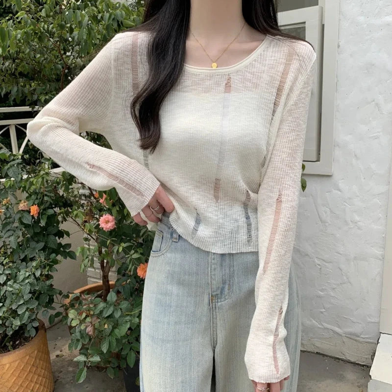 Lente Zomer Lange Mouw Ronde Hals Dames Trui Effen Kleur T-shirt Dun