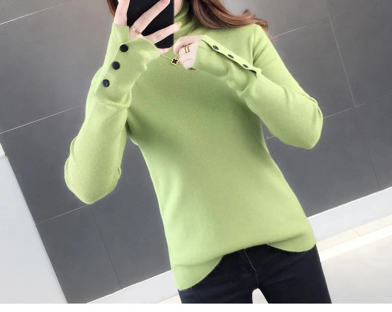Heliar Dames Turtleneck Knopen Effen Warme Trui Lange Mouw Gebreid Basic