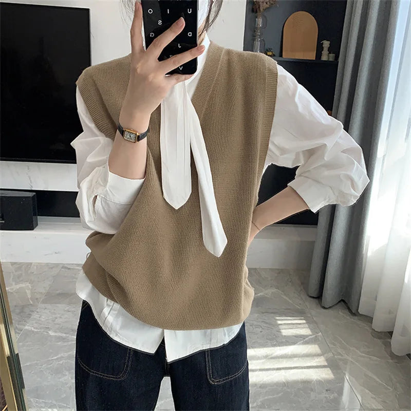 Casual Sleeveless Knitted Vest for Women Button V Neck Sweater Vest Woman Autumn