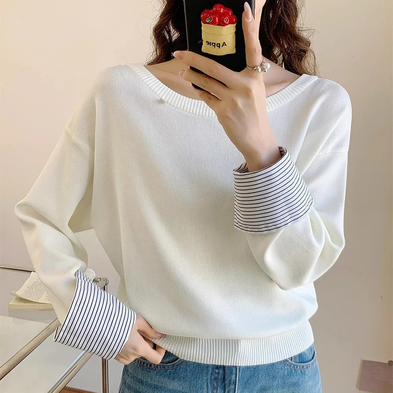 Полосатый свитер с плетением для женщин, модный свитер с открытыми плечами на весну и осень
