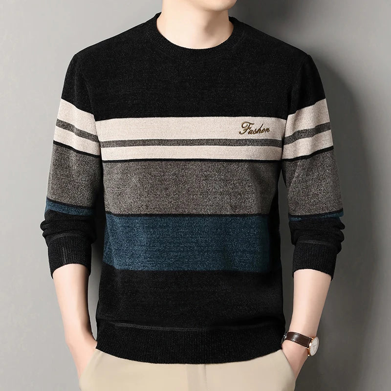 Mens Chenille Sweaters Fashion Knitting Pullover Striped Men s Autumn Winter Top Clothes Round
