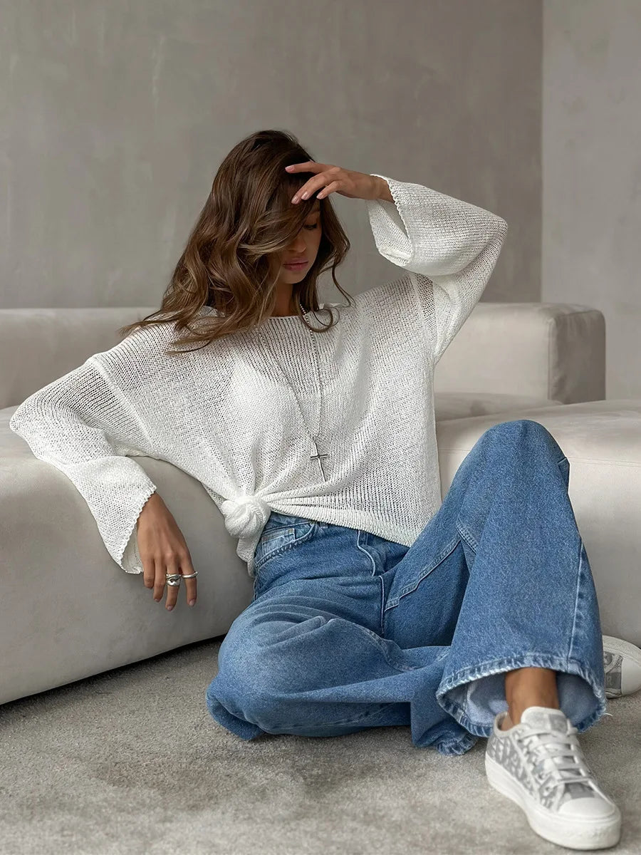 Bornladies Simple Solid Color Long Sleeved Sweater Women s Spring Knitted Hollow