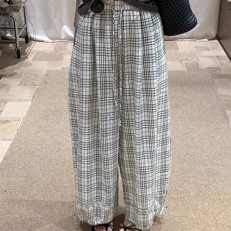 Zomer casual geruite lange broek voor vrouwen met trekkoord en wijde pijpen, losse broek voor vrouwen
