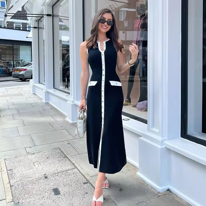 Elegante mouwloze enkelrijs geribbelde truien lange jurk voor dames hoog