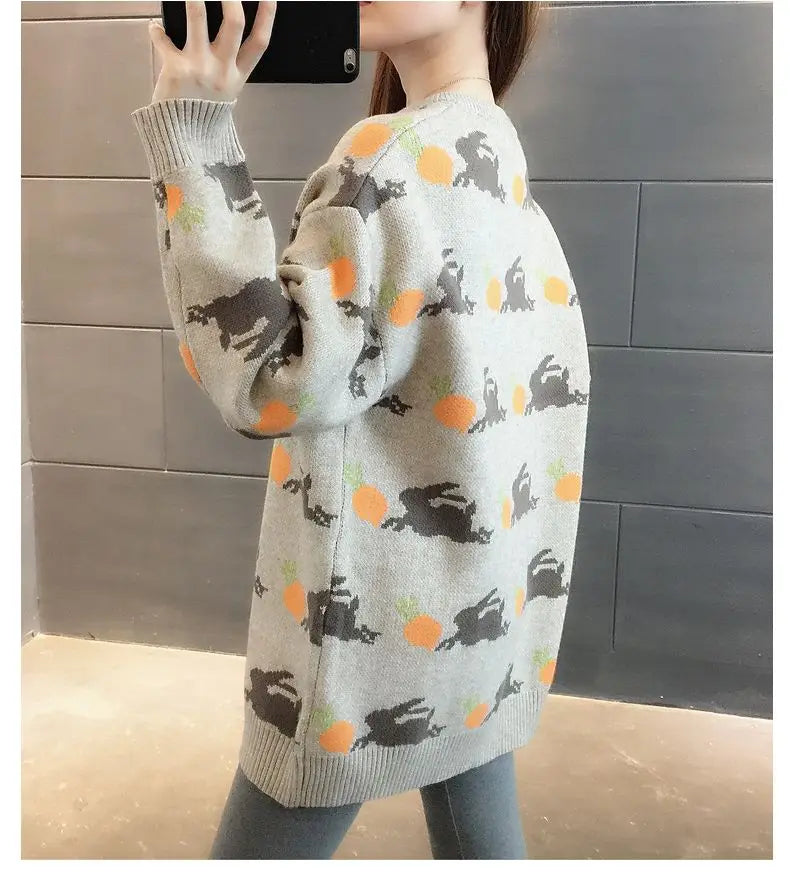 Retro Medium to Long Length Outerwear Fashionable Versatile Women s Sweater Wide Elastic Knitted
