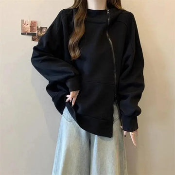 Plus Size Women Belly covering Hooded Diagonal Zipper Long sleeved Sweatshirt for Fat Girls Loose