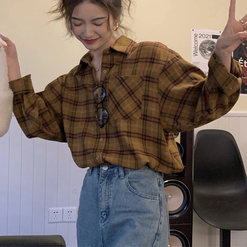 All Match Mix Color Plaid Shirts Dames Herfst Winter Enkelrijs Lange Mouw