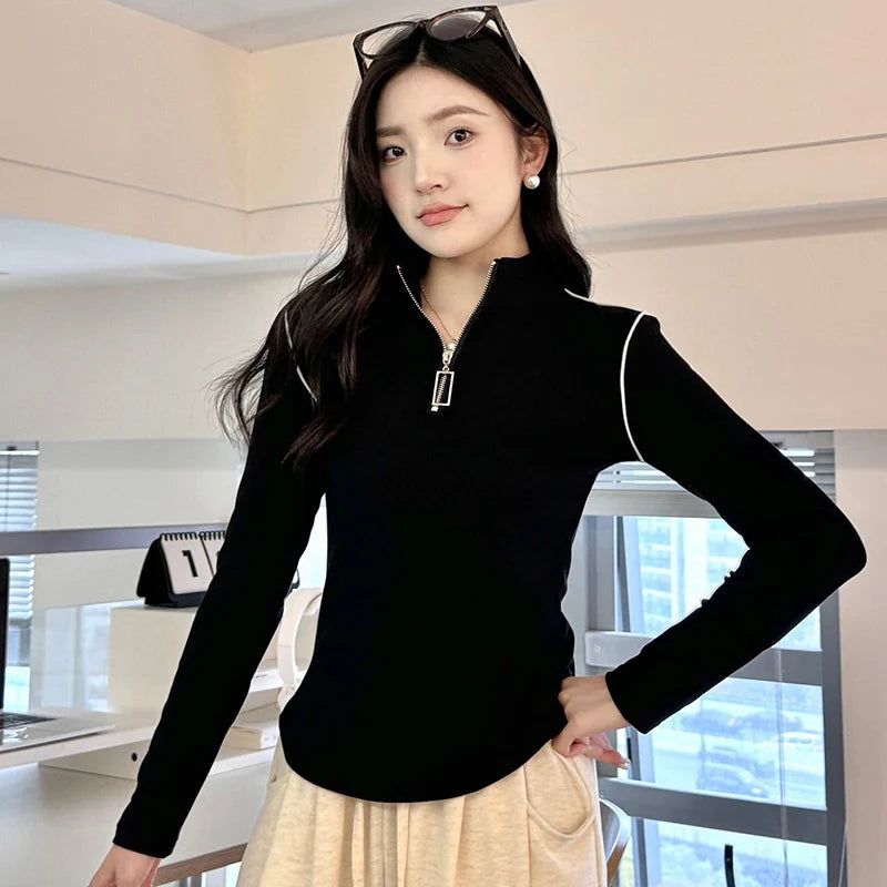 Koreaanse ritsen lange mouwen T-shirt voor vrouwen staande kraag slim fit trui vrouw