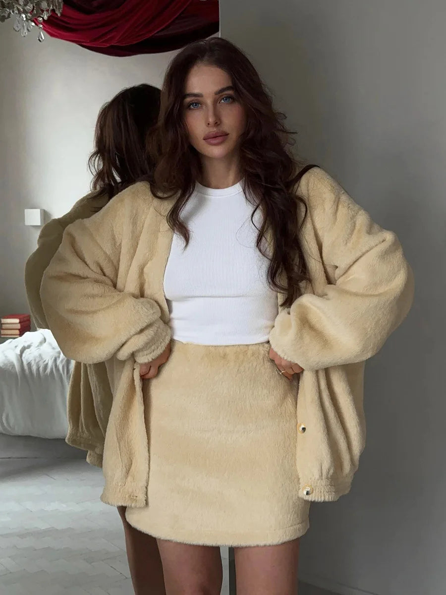 Bornladies Women s Plush V neck Knit Cardigan Short Skirt Set Autumn Winter