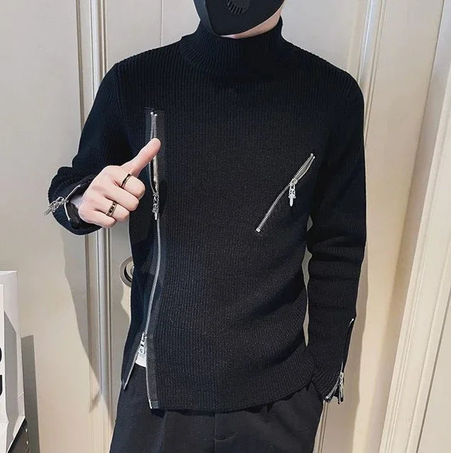 Motorcycle Men s Clothing Turtleneck Pullovers Zipper Knit Sweater Male High