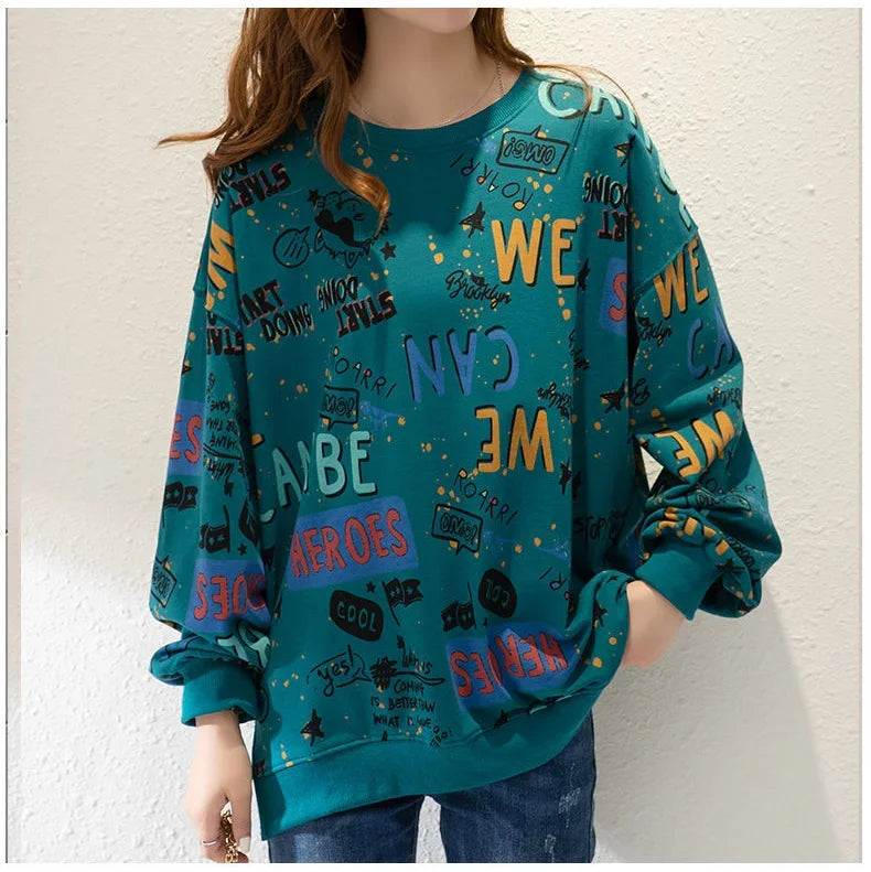 Classic Fashion Printing Letter Sweatshirts Women Long Sleeve Loose O collar Slim Casual All match