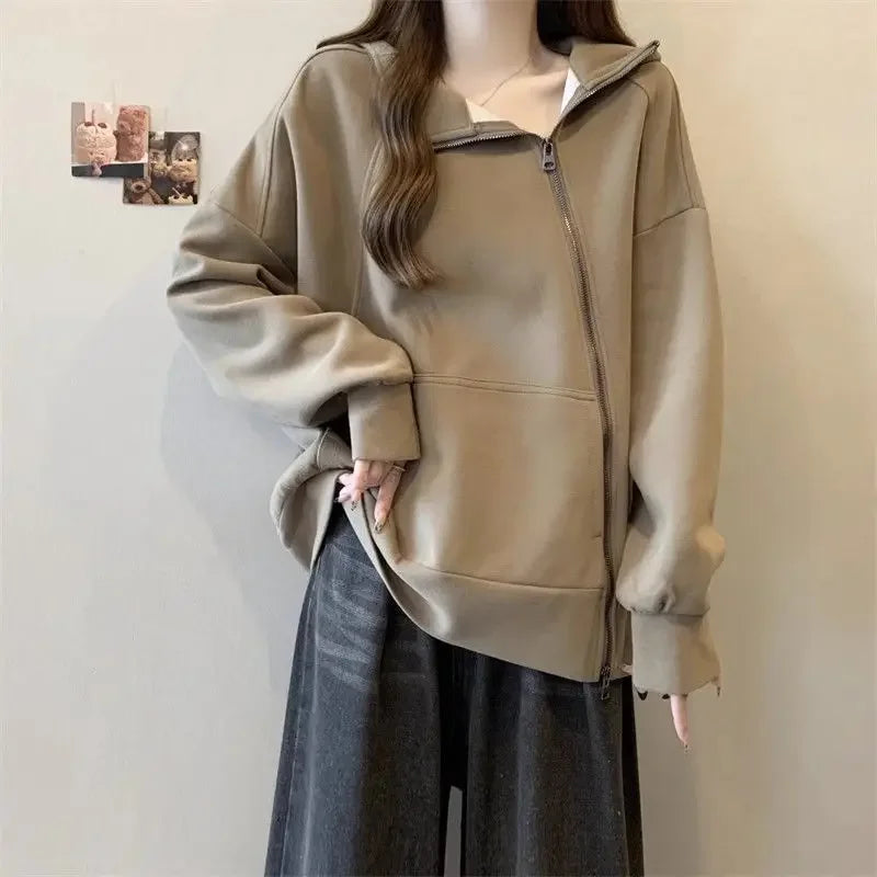 Plus Size Women Belly covering Hooded Diagonal Zipper Long sleeved Sweatshirt for Fat Girls Loose
