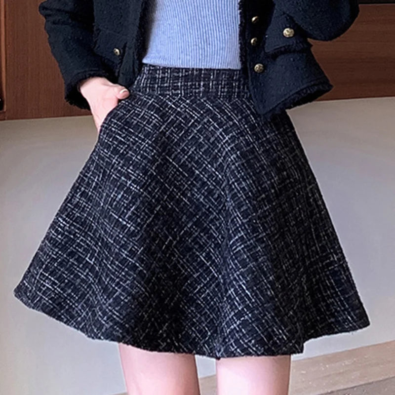 British Style Plaid Mini Skirts Women Autumn Winter Gray High Waist A Line