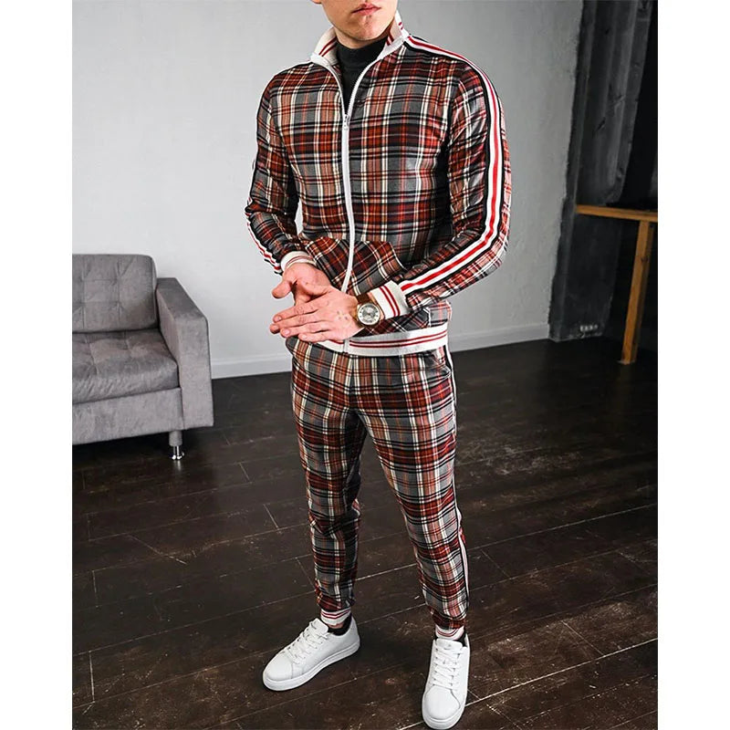 Mens Tracksuits Colorful Plaid Casual Zipper Hoodie Set 3D Print Set Autumn Male