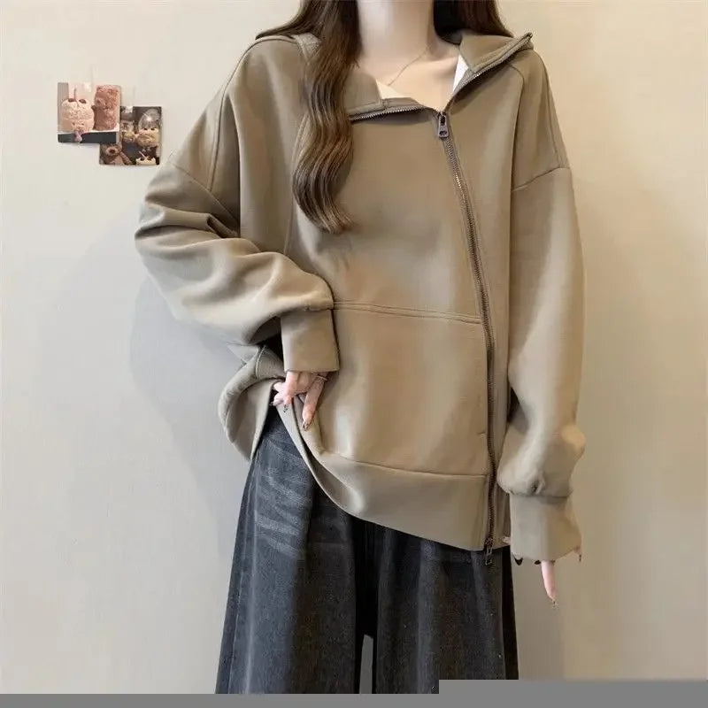 Plus Size Women Belly covering Hooded Diagonal Zipper Long sleeved Sweatshirt for Fat Girls Loose