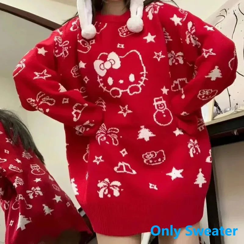 Kerst Hello Kitty schattige gebreide trui met sjaal voor vrouwen Y2k