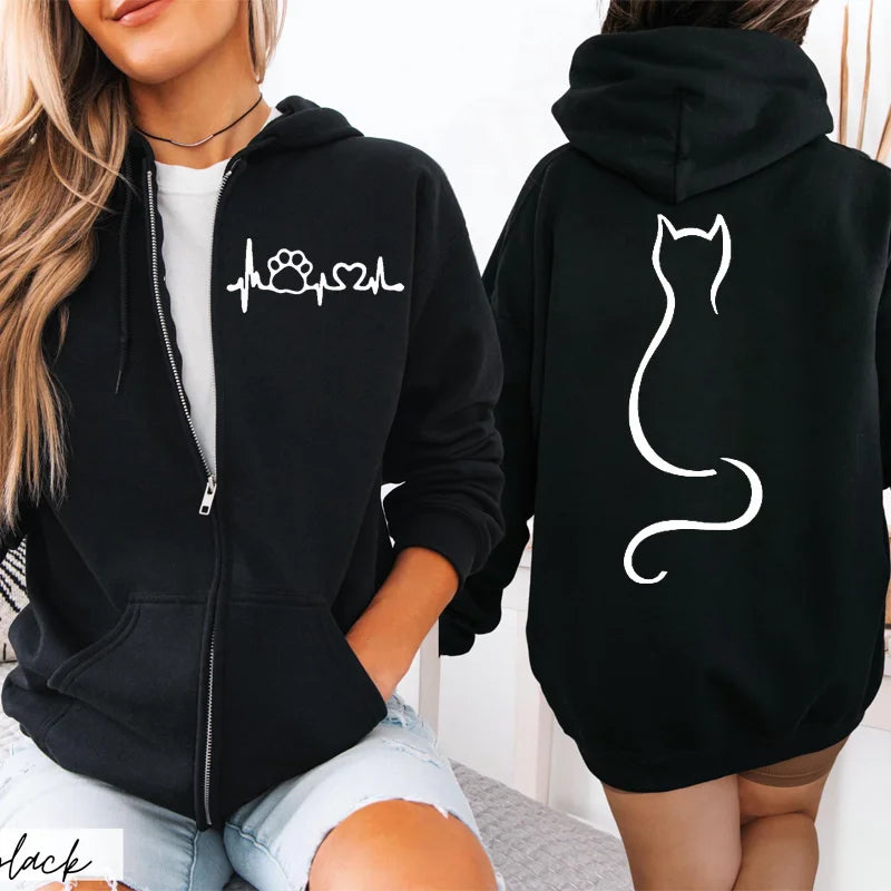 Dames Hoodie met Ritssluiting, Herfst Winter, Schattige Kat, Heatbeat Sweatshirt, Hiphop
