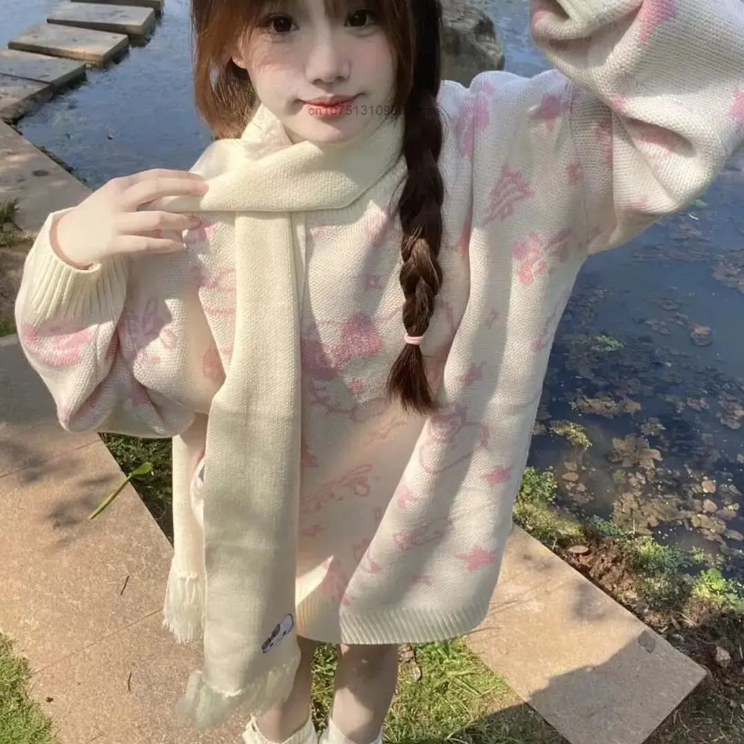 Kerst Hello Kitty schattige gebreide trui met sjaal voor vrouwen Y2k