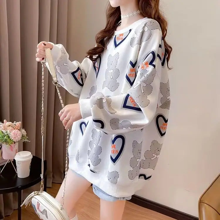 Hoodie Dames Lange Mouw Middellange Ronde Hals Losse en Veelzijdige Western-stijl Bedrukte Top voor