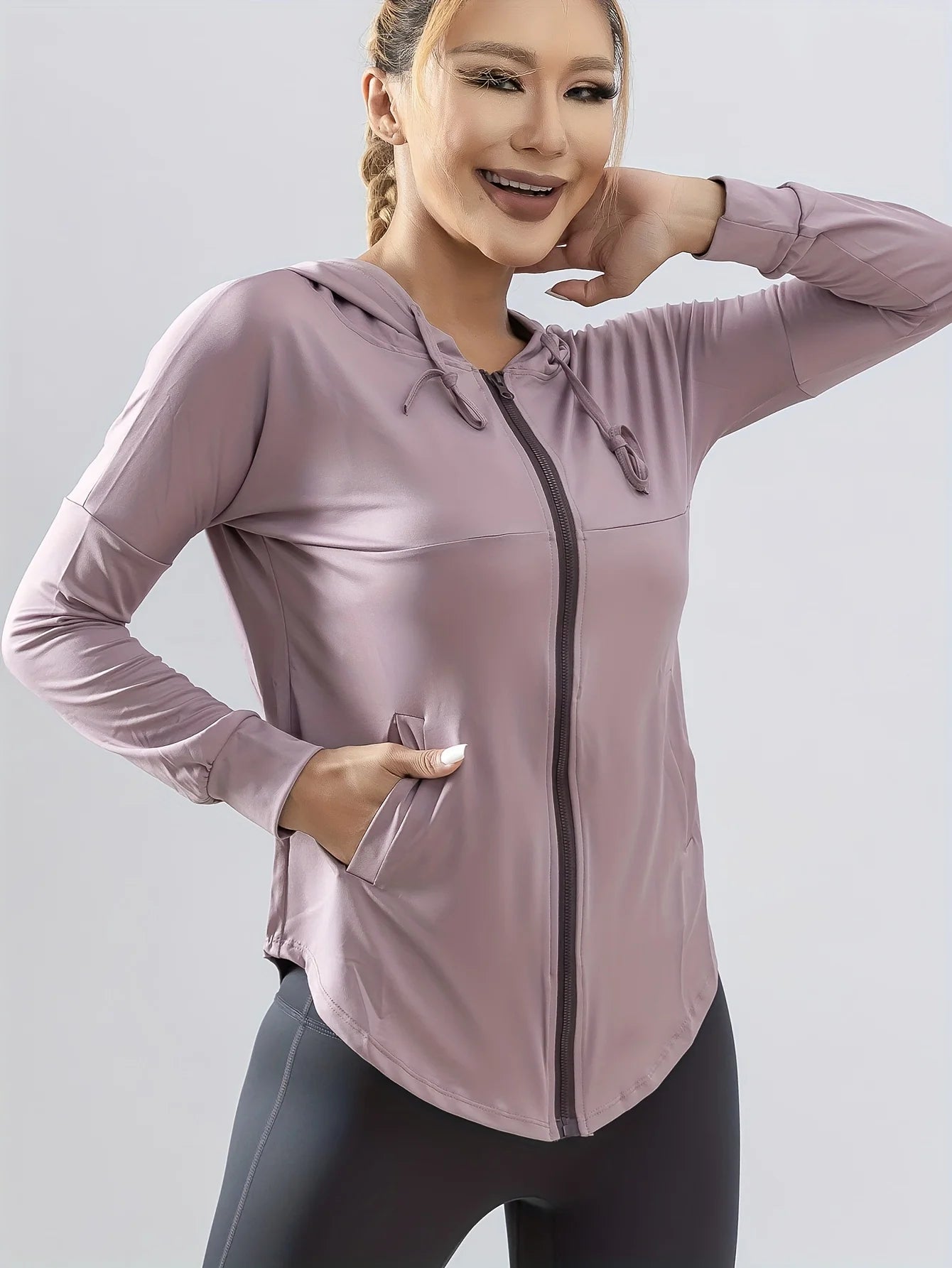 Sportjas met capuchon voor dames, los hardloopjack, grote maat, fitnesskleding, sneldrogend