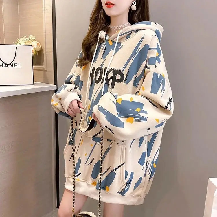 Hoodie met capuchon en flanellen stof voor dames, Koreaanse versie, losse top met middellange mouwen, jas in luie stijl