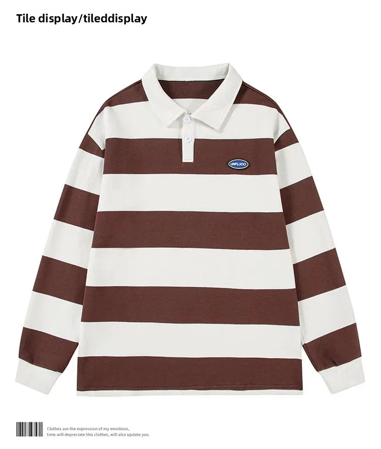 Loose Unisex Spring Autumn Trendy Striped Sweatshirt Cotton Polyester Material Couple Hong Kong