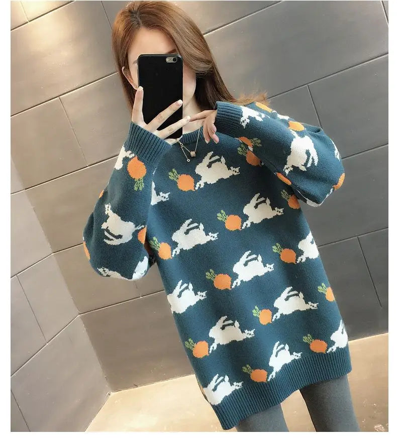 Retro Medium to Long Length Outerwear Fashionable Versatile Women s Sweater Wide Elastic Knitted
