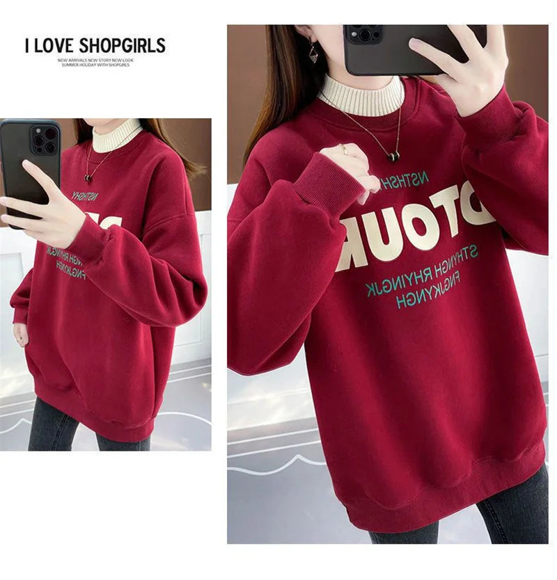 Dames Winter Koreaanse Letter Gedrukt Halfhoge Kraag Dikke Warme Streetwear Sweatshirt Vrouwelijke Casual