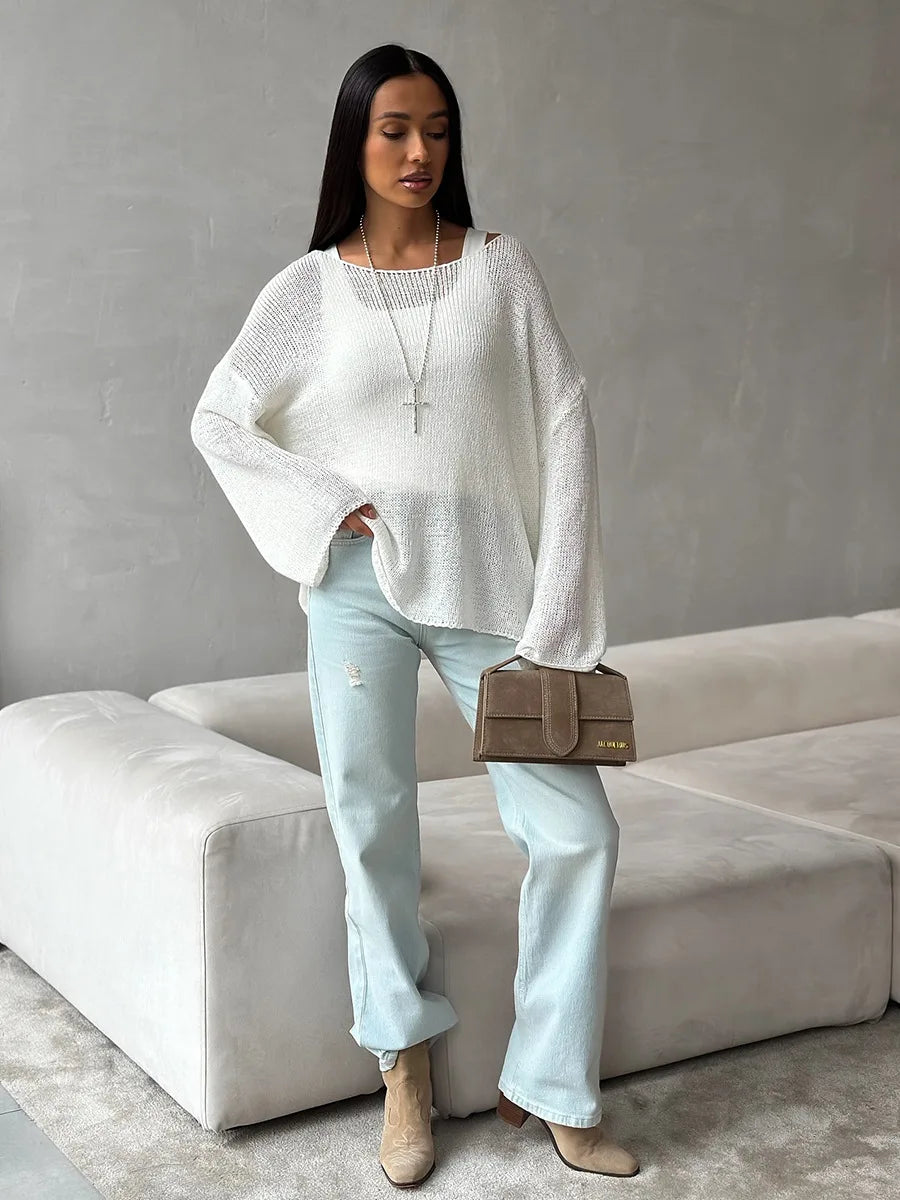 Bornladies Simple Solid Color Long Sleeved Sweater Women s Spring Knitted Hollow