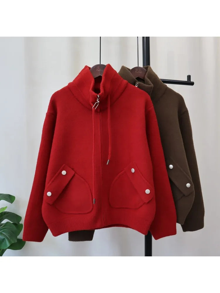 Herfst Winter Casual Losse Alle Maten Rits Gebreide Cardigan Rias Party Rood