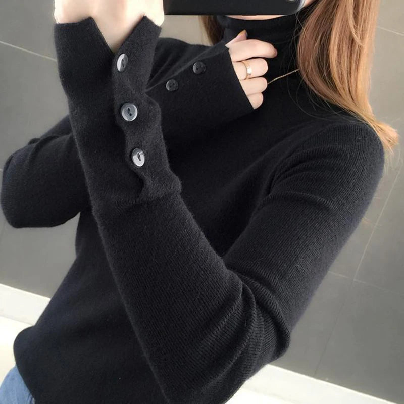 Heliar Dames Turtleneck Knopen Effen Warme Trui Lange Mouw Gebreid Basic