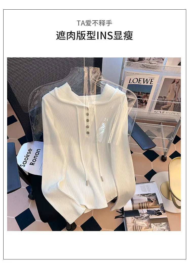 Uniek geknoopt T-shirt met capuchon voor dames, lente/herfst, onregelmatige korte mouwen, lange mouwen, basislaag