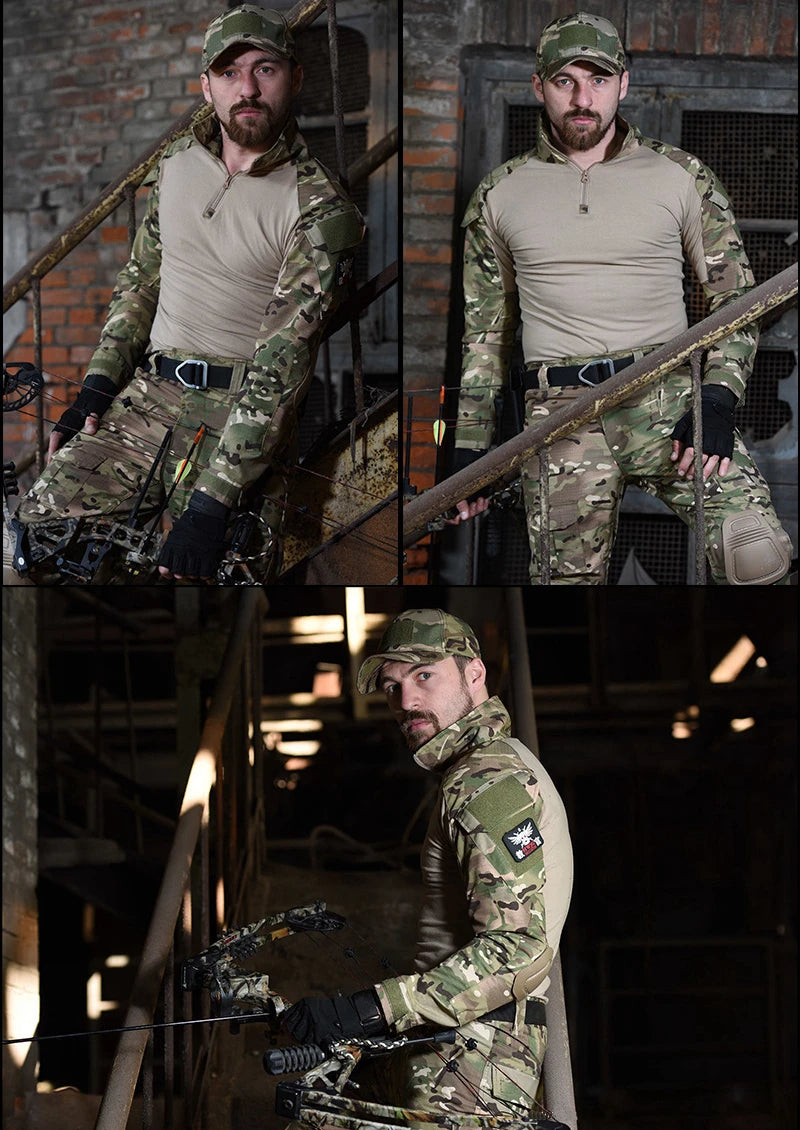 Woodland Camouflage Uniform Tactical Combat Suit Airsoft War Game Clothing Shirt + Pants Elbow