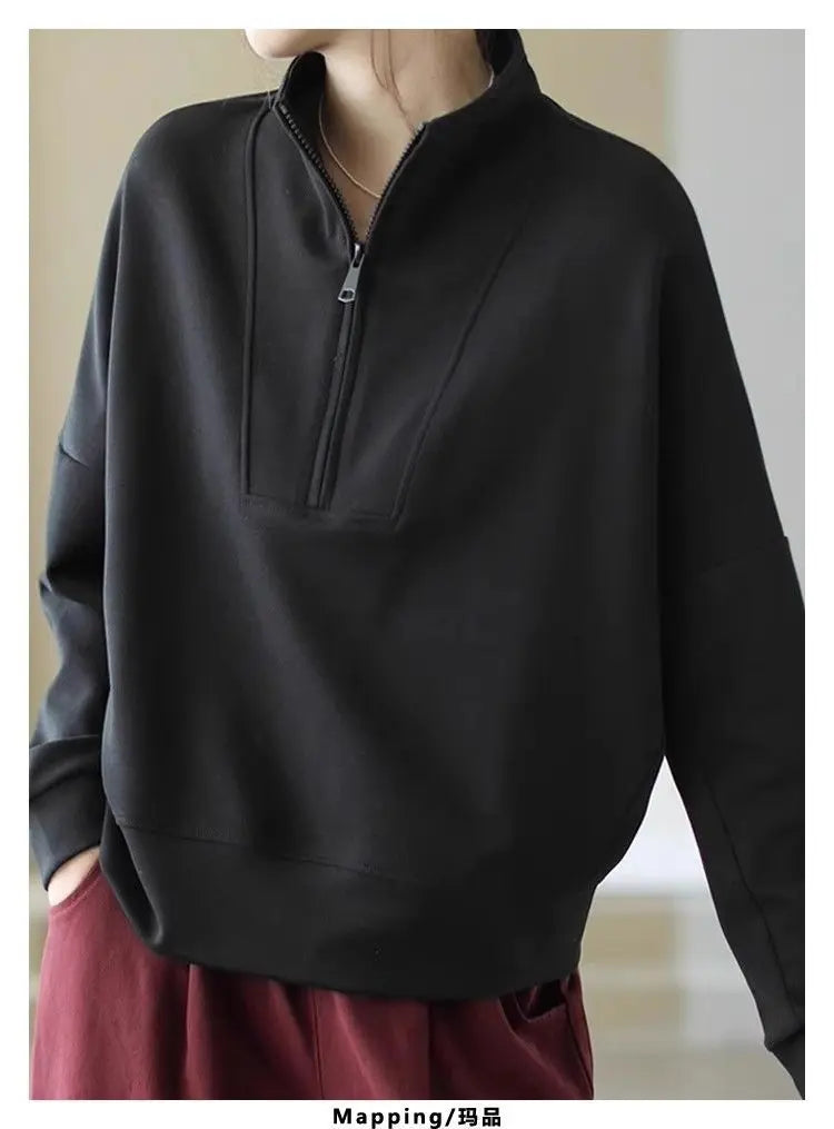Fashionable and Casual Stand up Collar Sweatshirt Women in Spring and Autumn Loose Semi zipper