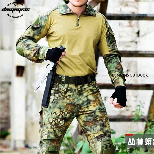 Woodland Camouflage Uniform Tactical Combat Suit Airsoft War Game Clothing Shirt + Pants Elbow