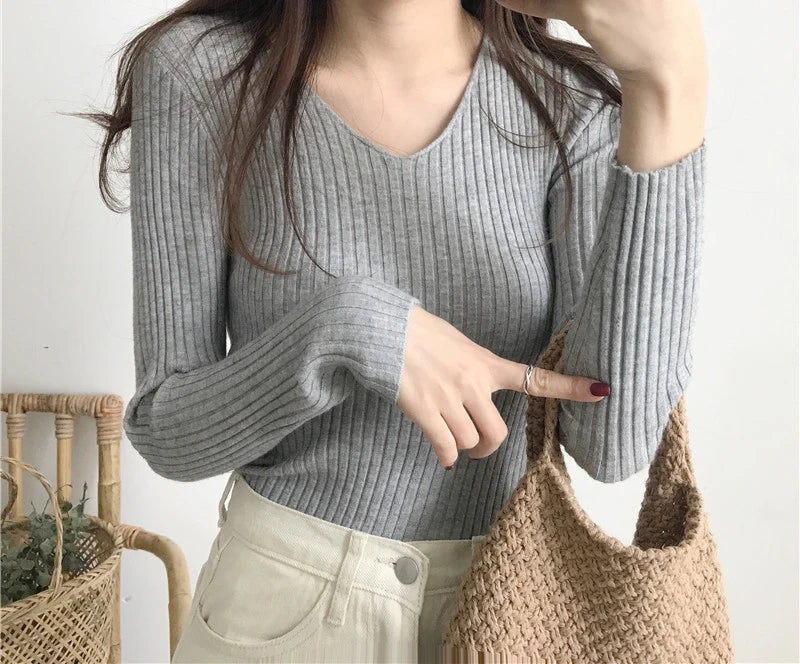 Heliar Dames V-hals Slim Sexy Trui Gebreid Lange Mouw Effen Onderkant Trui