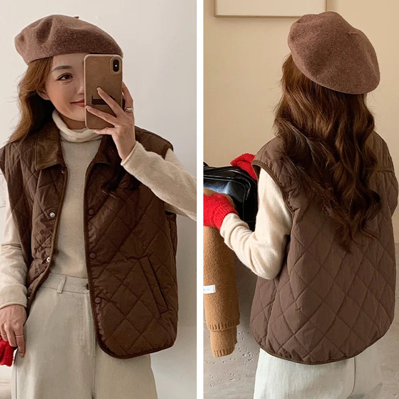 Koreaanse zakken mouwloos warm vest dames herfst winter omslagkraag