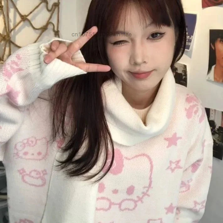 Kerst Hello Kitty schattige gebreide trui met sjaal voor vrouwen Y2k