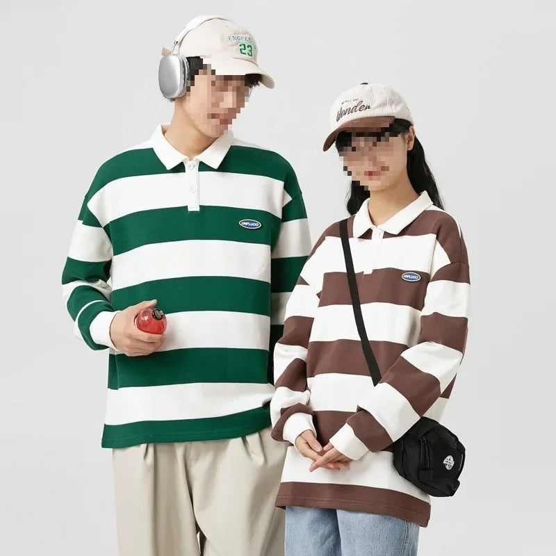 Loose Unisex Spring Autumn Trendy Striped Sweatshirt Cotton Polyester Material Couple Hong Kong