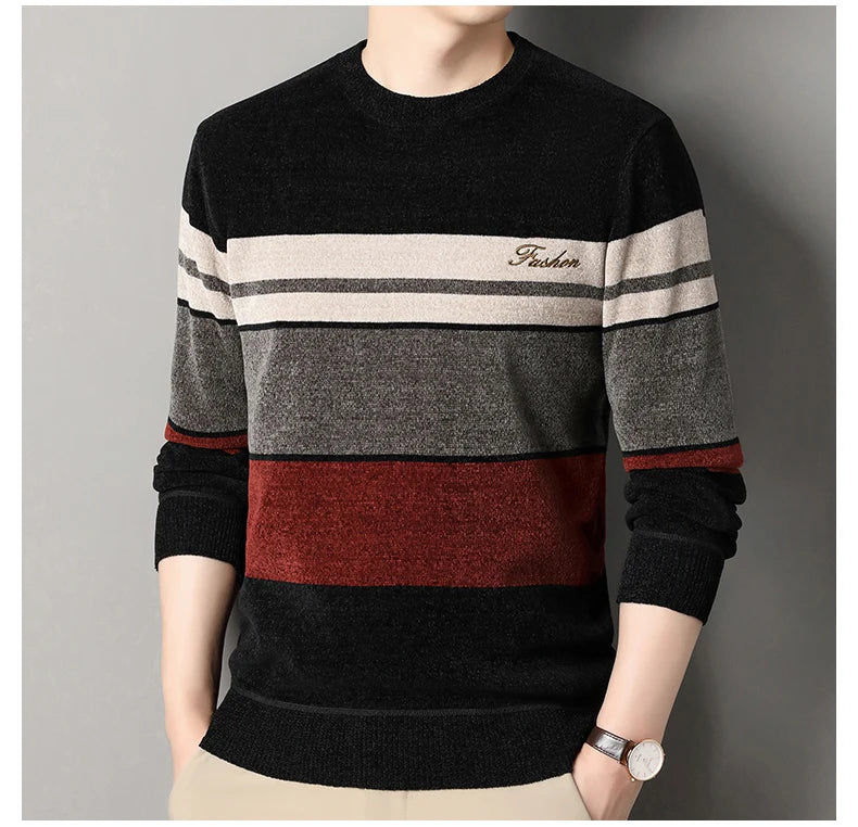 Mens Chenille Sweaters Fashion Knitting Pullover Striped Men s Autumn Winter Top Clothes Round