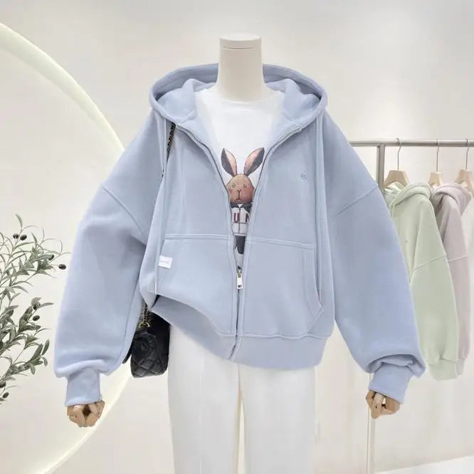 Ritsjack met capuchon, eenvoudig geborduurde letters, losse effen kleur, cardigan, trui, damestop