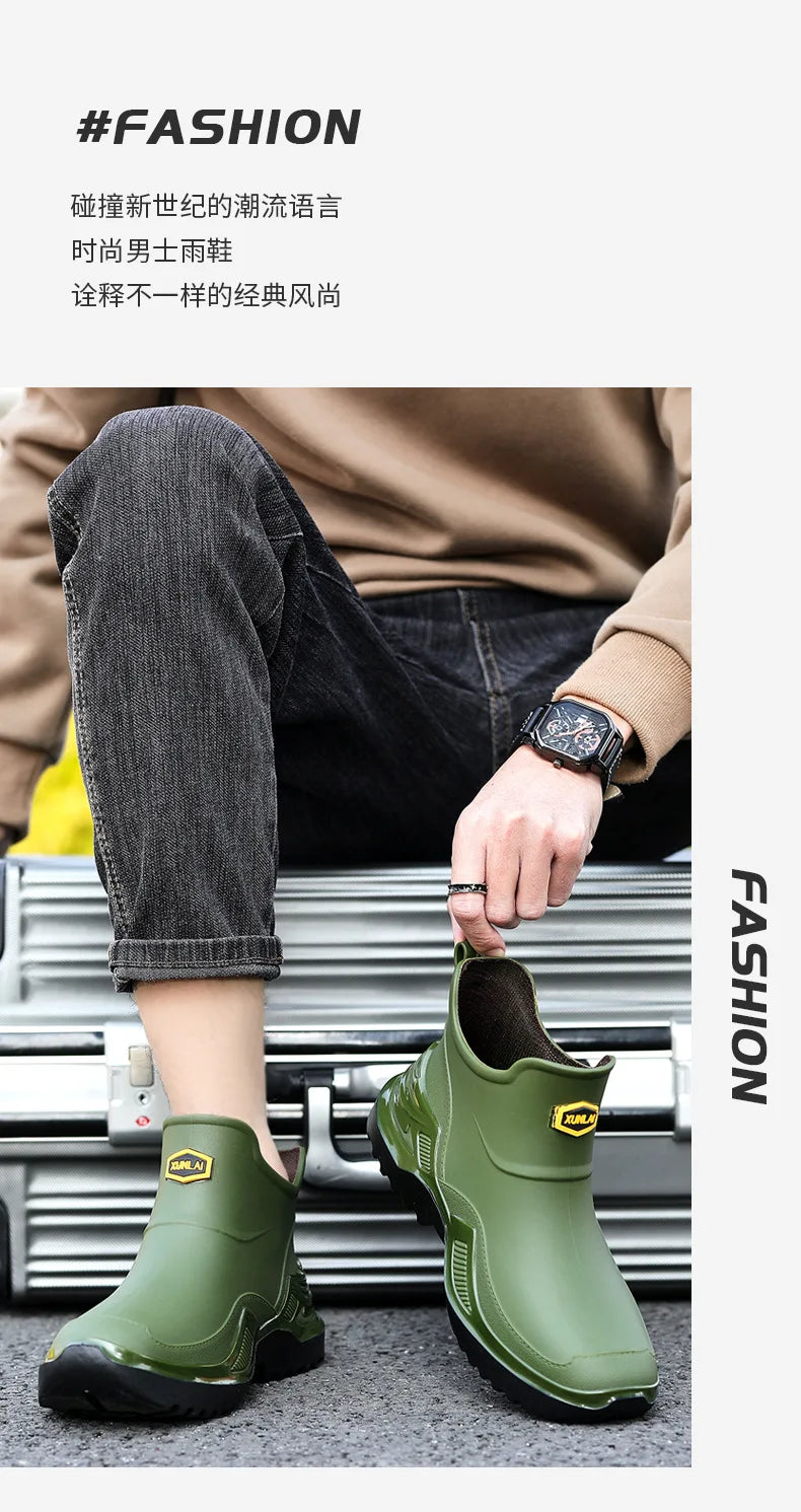 Korean Style Short Sporty Rain Boots Thickened Wide Comfortable Men s Slip On Water Shoes Anti