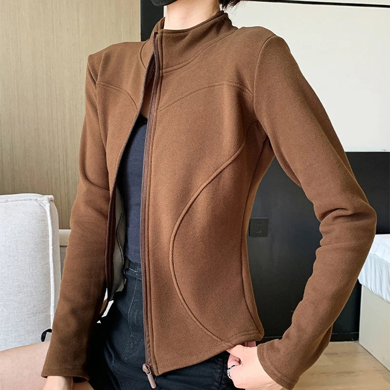 Sportieve Slim Fit Korte Jassen Dames Herfst Winter Chic Opstaande Kraag Lang
