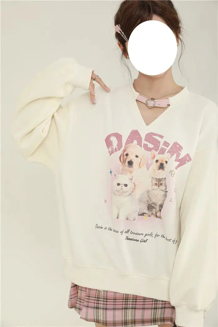 College-stijl schattige bedrukte fleece hoodie met lange mouwen voor dames en uniek ontwerp Sense Niche Loose