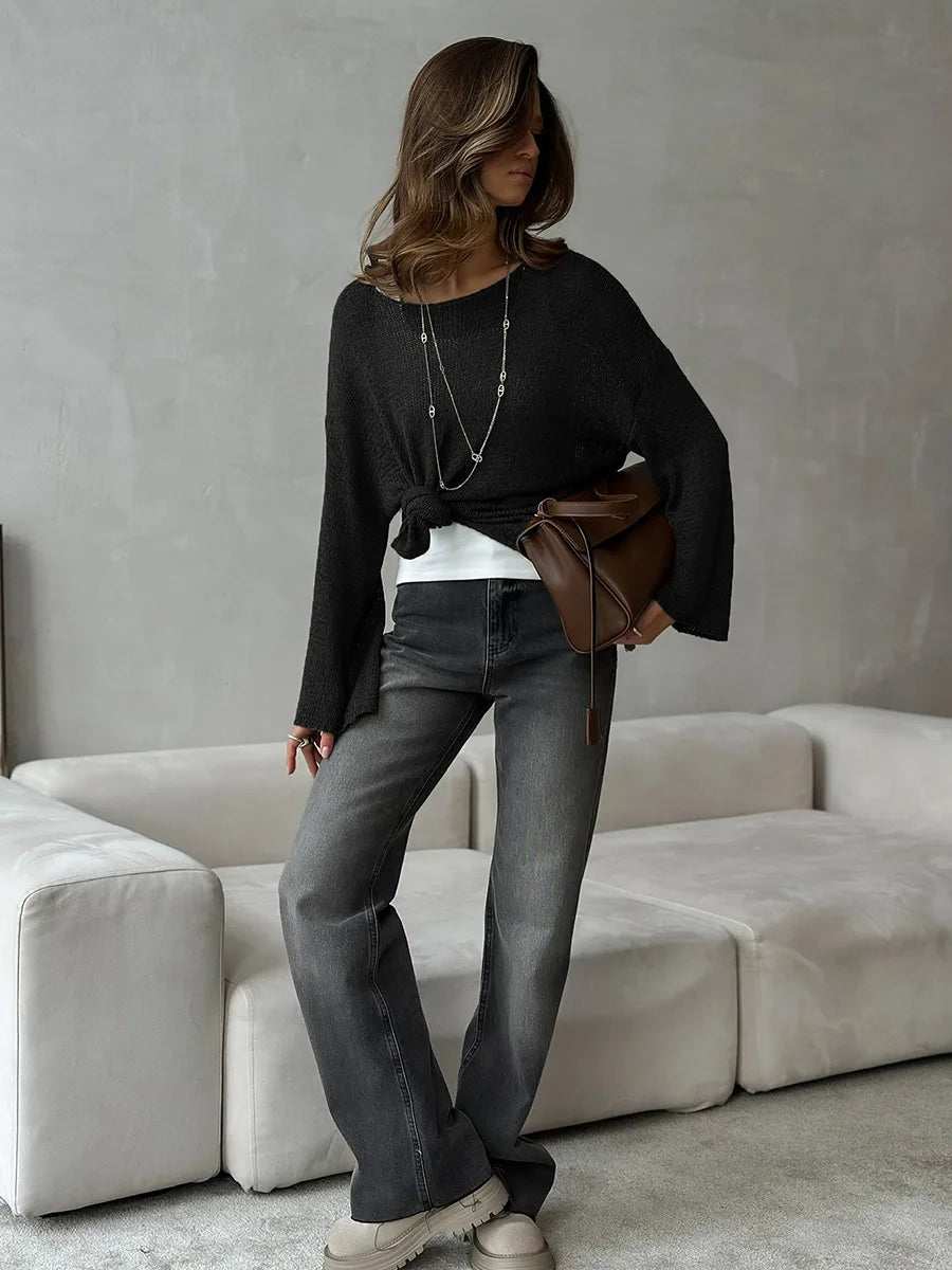 Bornladies Simple Solid Color Long Sleeved Sweater Women s Spring Knitted Hollow