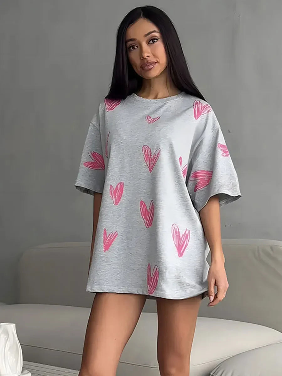 Bornladies Casual O-hals hartprint dames T-shirt zomer korte mouw los